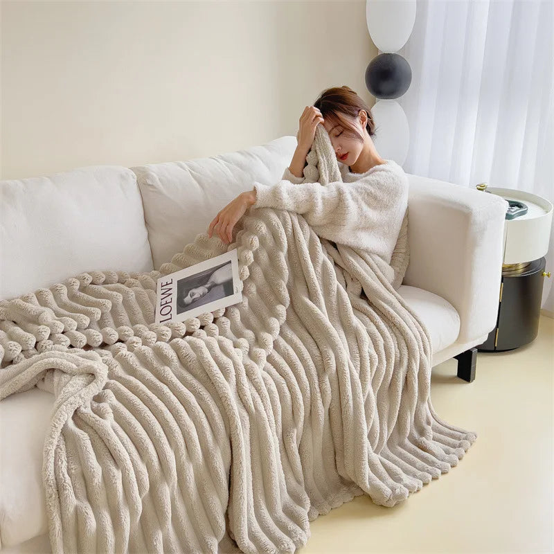 Rabbit Velvet Winter Blanket Thick Warm Flannel Solid Color Throw Blanket