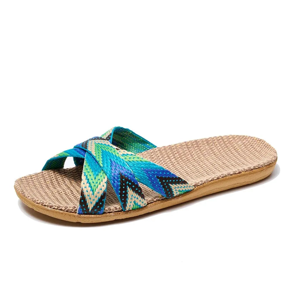 Women Linen Slippers Lightweight Indoor Home Sandals Non Slip Summer Comfortable Flat Slides Casual House Shoes