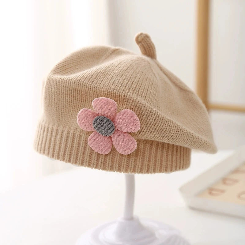 Baby Girl Flower Beret Warm Knit Beanie Hat