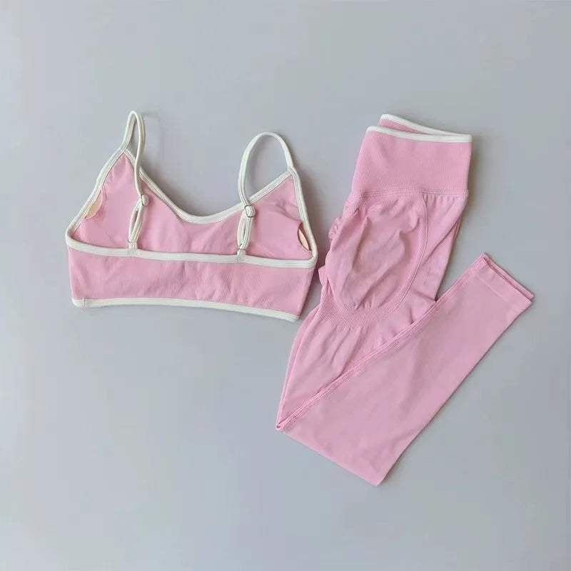 Women Strappy Sports Set Contrast Yoga Suit Shockproof Quick Dry Fitness Pants