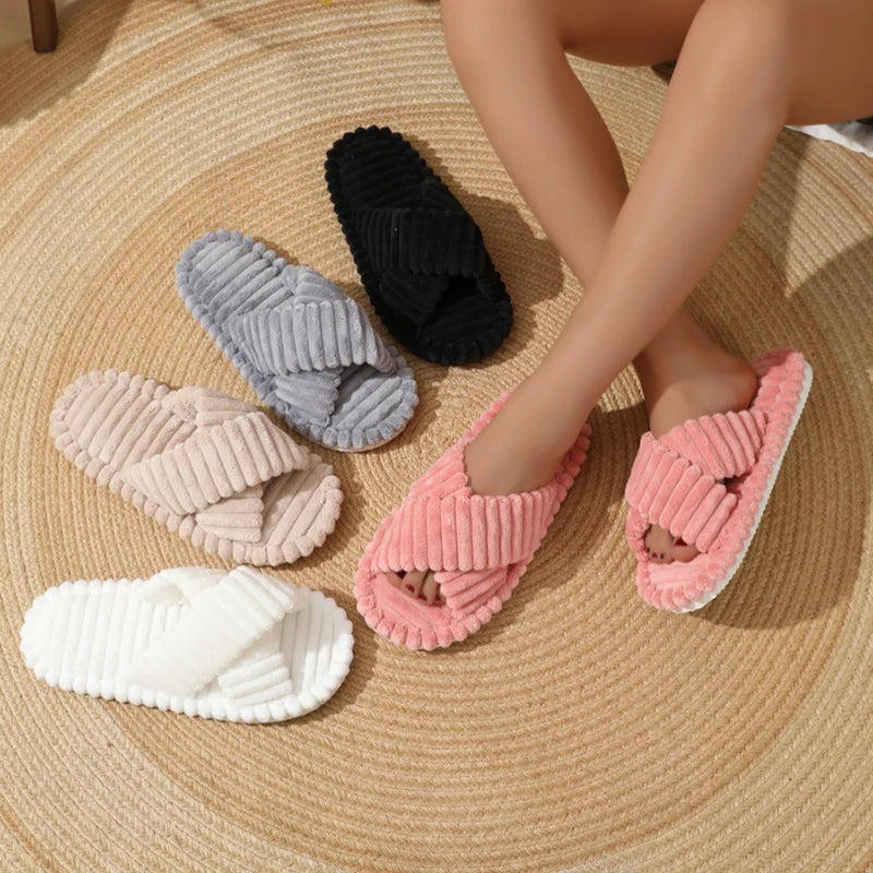 Corduroy Cross Band Slippers Women Cozy Plush Indoor Home Slides Soft Comfortable Shoes