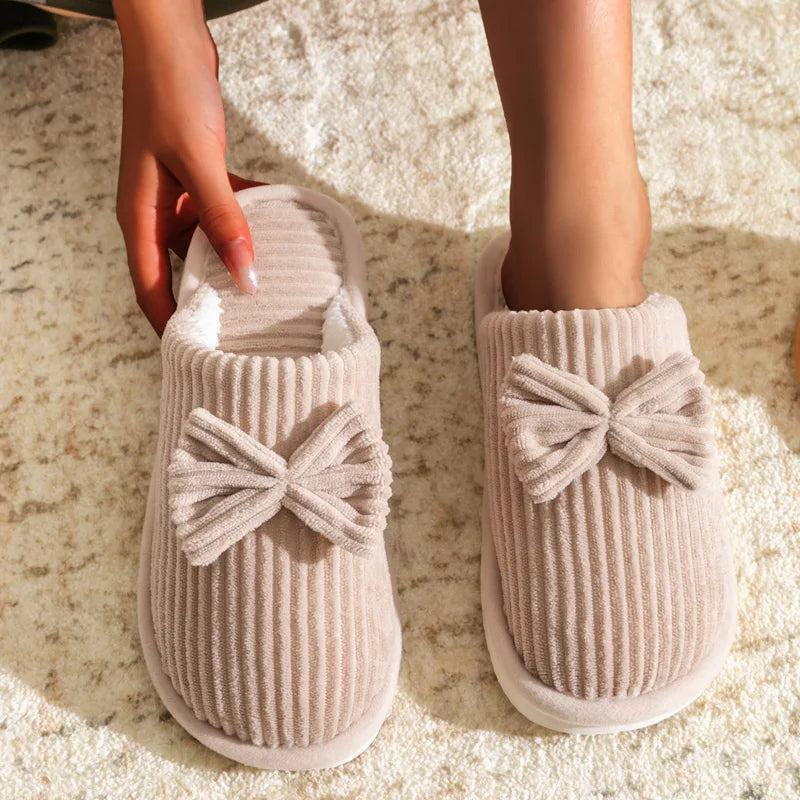 Cute Bow Slippers Women Cozy Plush Indoor Home Shoes Soft Warm Winter Slides