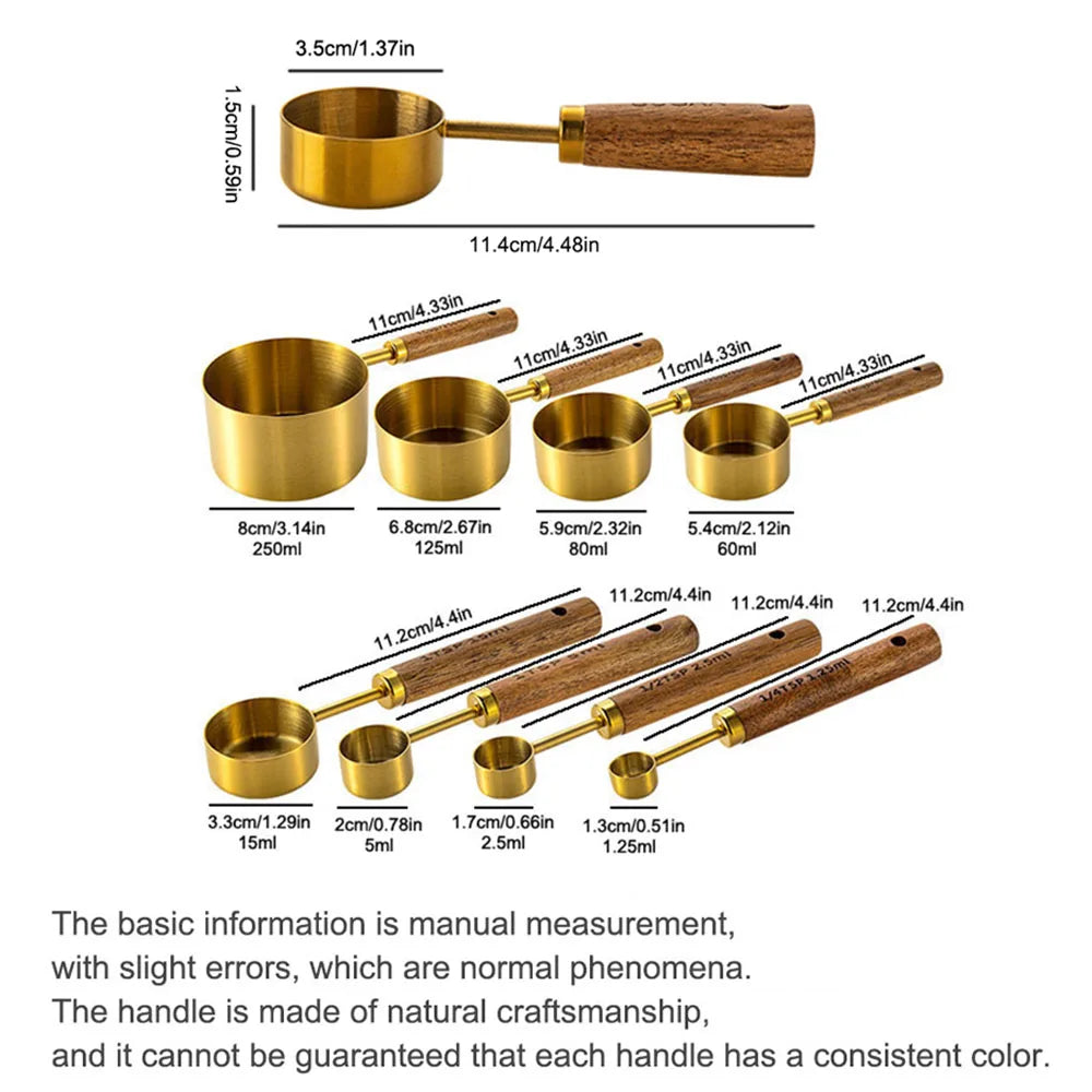 Stainless Steel Measuring Cups Spoons Set Wooden Handle Baking Coffee Tools
