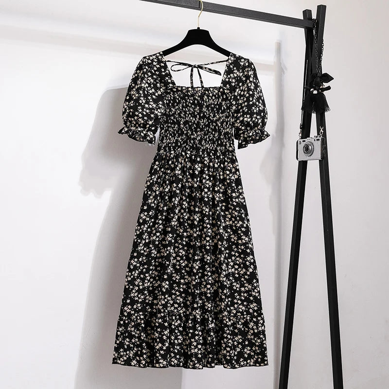 Women’s Chiffon A-Line Dress Short Sleeve Pleated Elastic Waist Casual Summer Dress