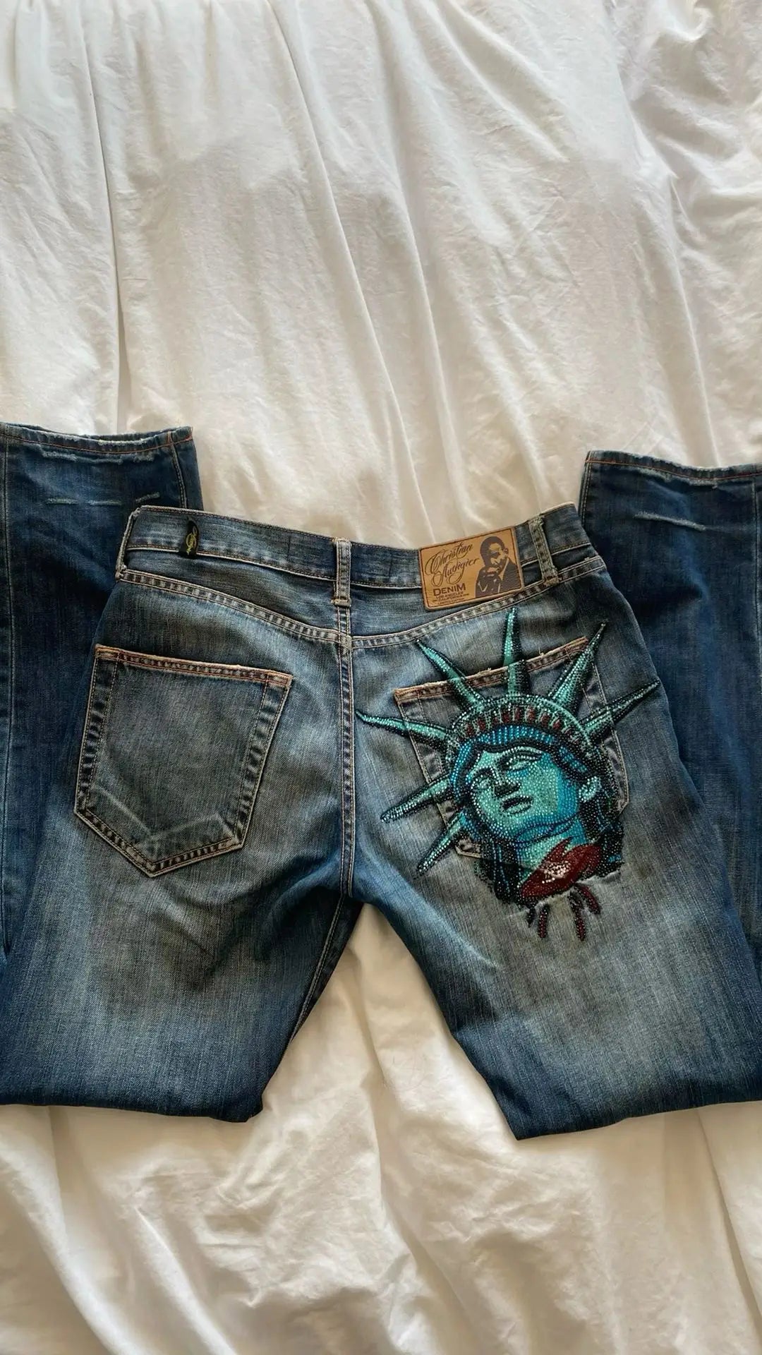 Women Y2K Statue of Liberty Diamond Print High Waist Wide Leg Jeans Vintage Denim Pants