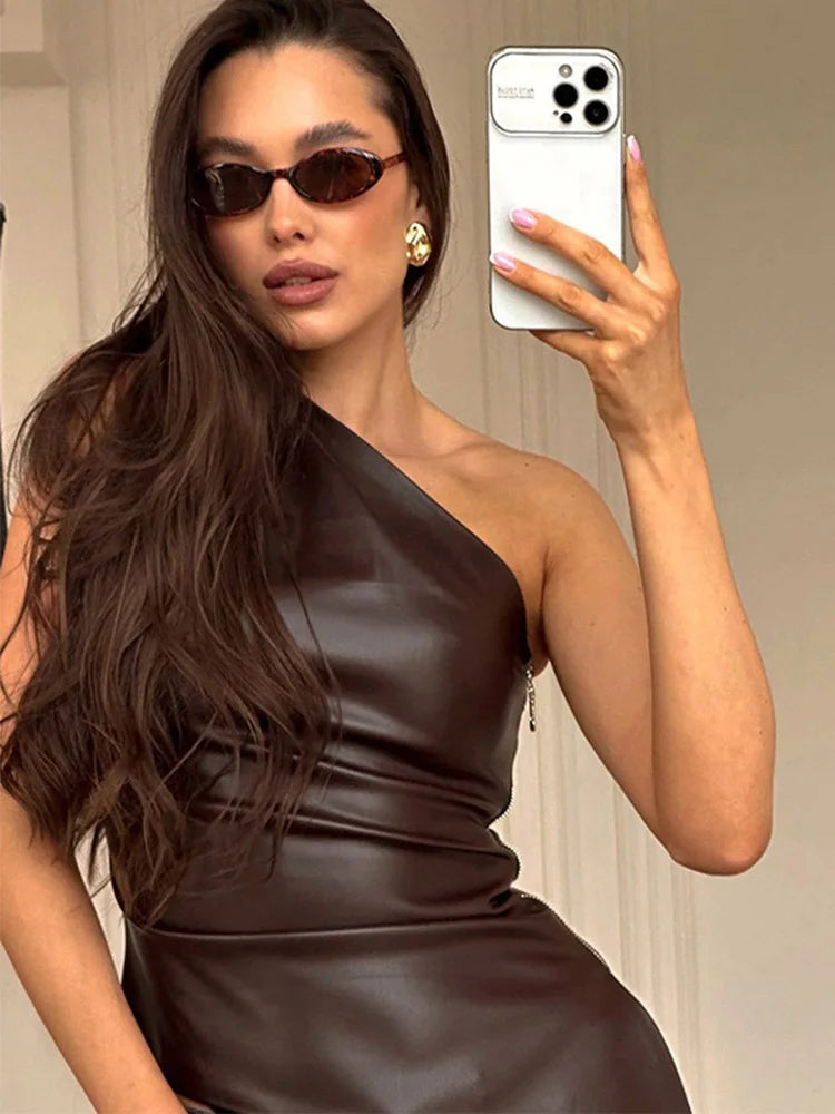 Women One Shoulder Slim Fit Sleeveless Zipper Jacket Solid Color Fall Winter Top