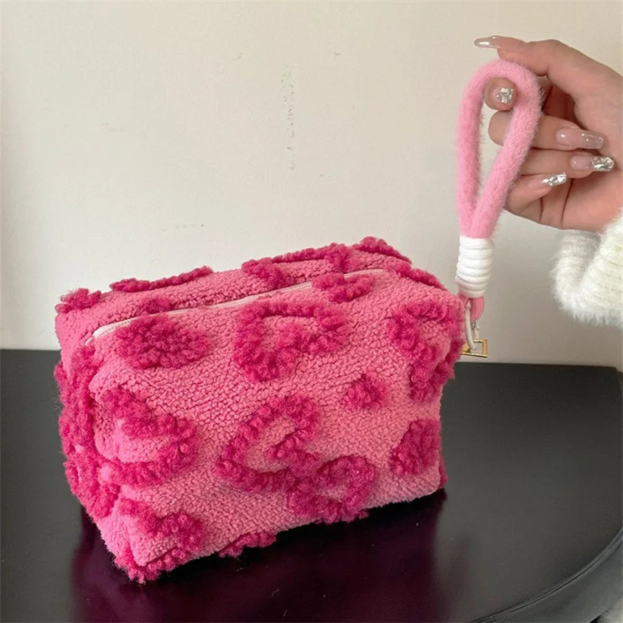 Plush Makeup Bag with Handle Travel Cosmetic Organizer Cute Love Print Storage Pouch