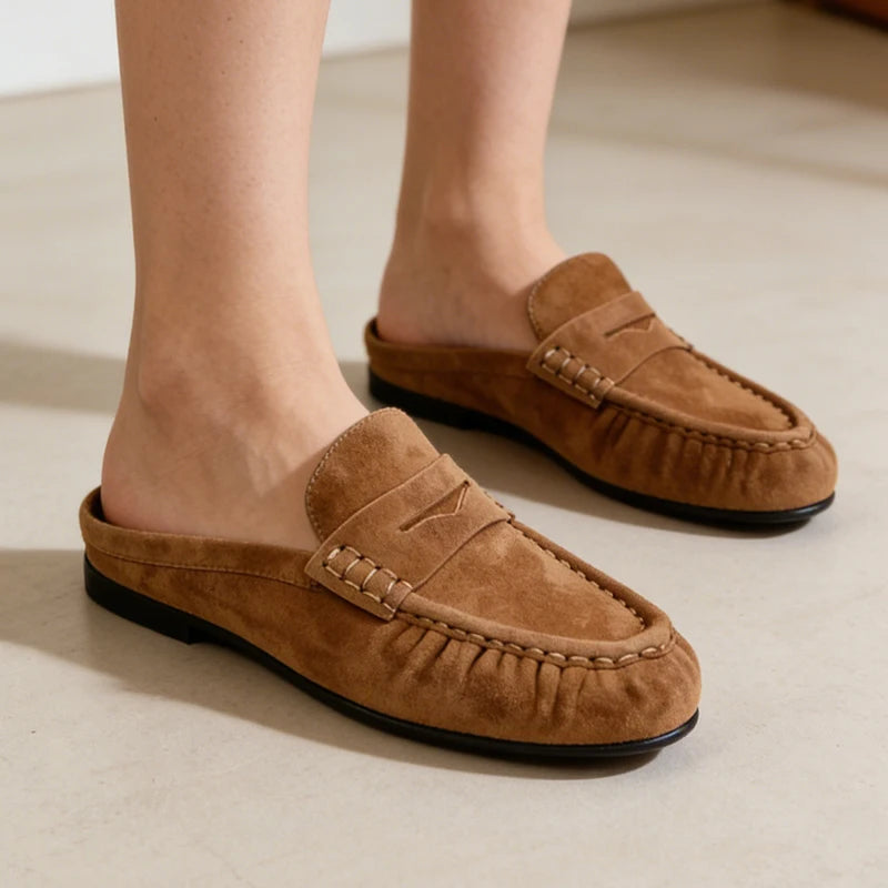 Women Leather Mules French Style Slip On Flat Slides Casual Plus Size 34-43 2026