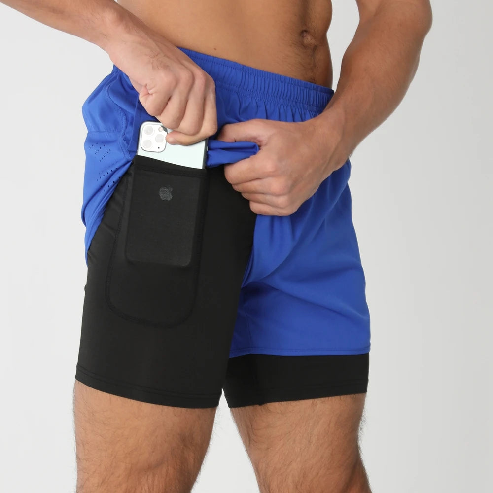 Men 2-in-1 Double Layer Running Shorts Quick Dry Gym Fitness Training Shorts