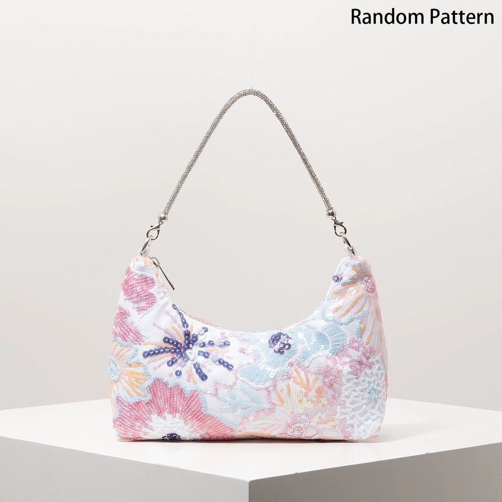 Floral Sequin Shoulder Bag Elegant Party Handbag