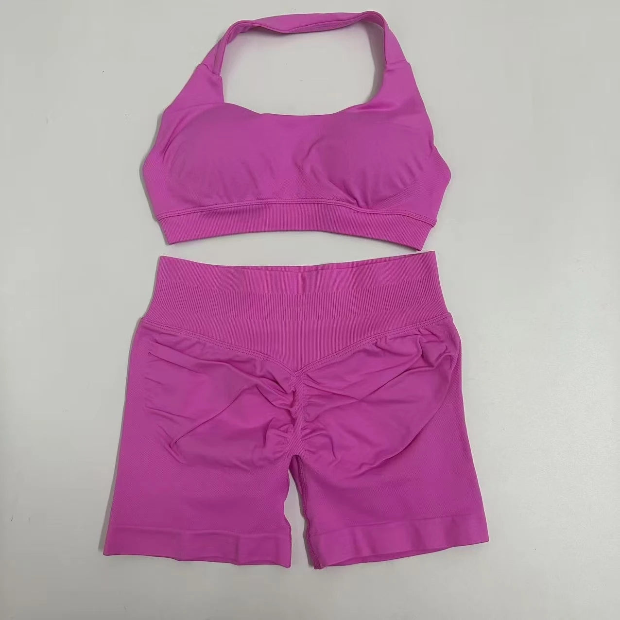 Seamless Yoga Set Halter Sports Bra Scrunch Shorts Gym Workout Fitness Set