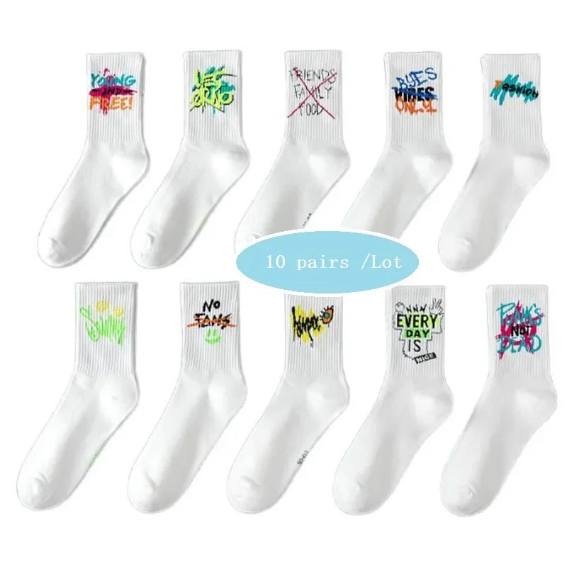 Cotton Harajuku Graffiti Long Socks Black White Anime Hip Hop Funny Fashion Socks 10 Pairs