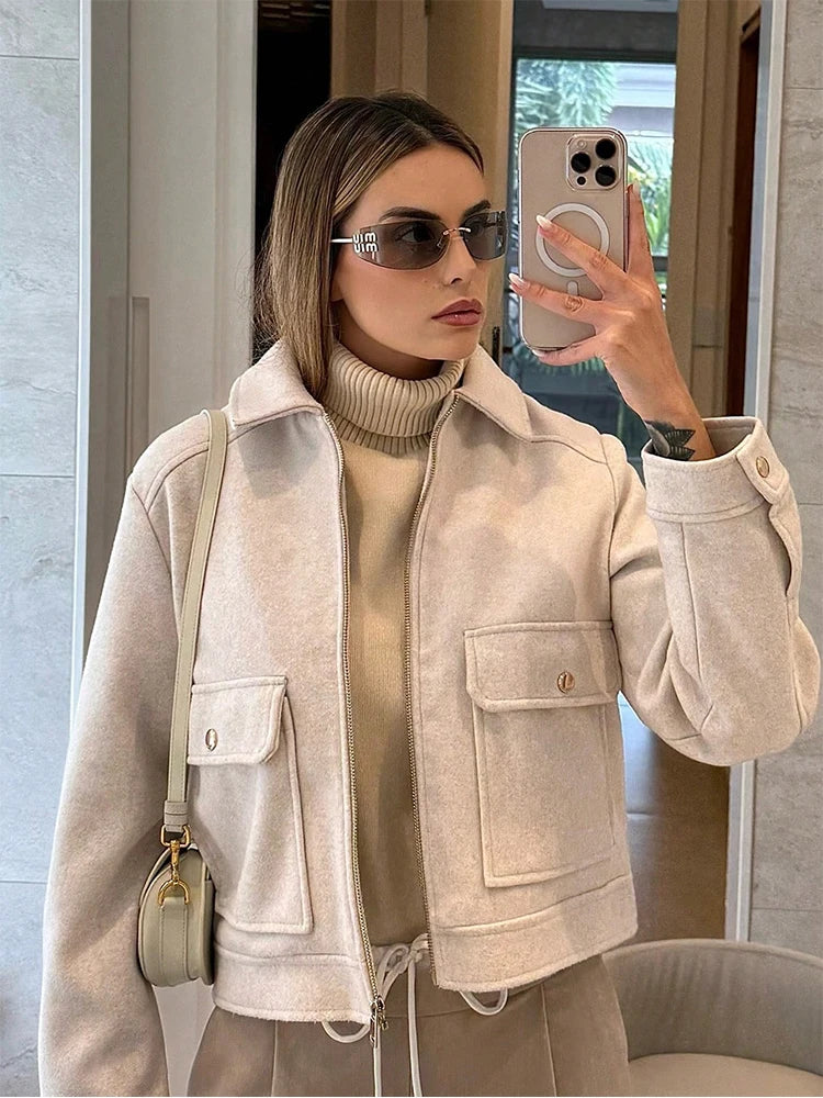 Women Winter Zipper Jacket Long Sleeve Short Coat Elegant Street Outerwear