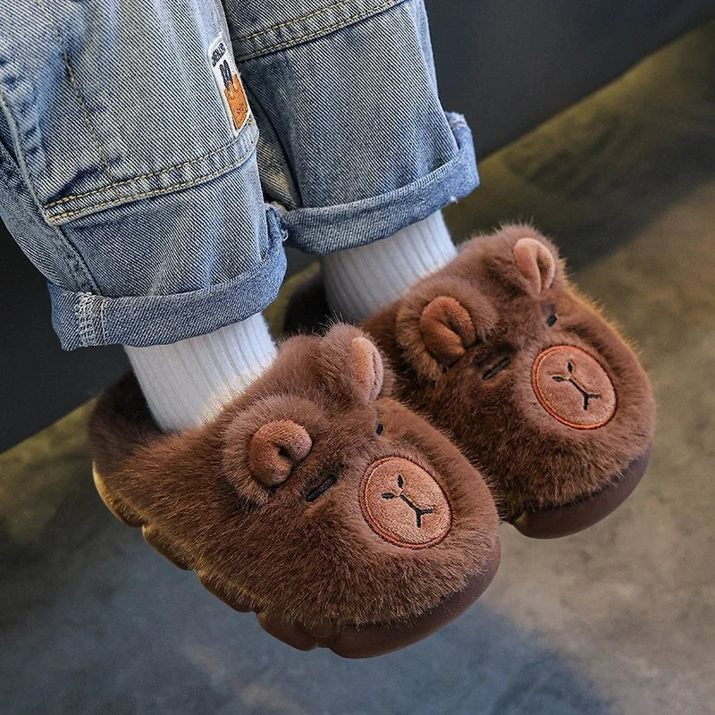 Kids Capybara Slippers Warm Plush Winter Indoor Shoes Cute Cartoon Non-Slip Soft Home Slippers for Boys and Girls