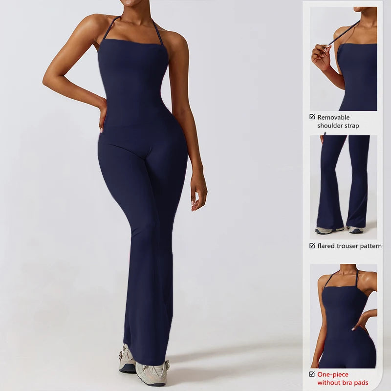 Women Sleeveless Yoga Jumpsuit Backless Flared Gym Sportswear Outfit