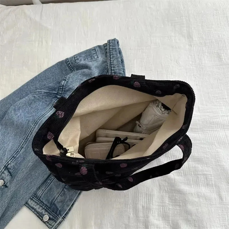 Women Corduroy Shoulder Tote Bag Strawberry Print Large Capacity Commuter Handbag