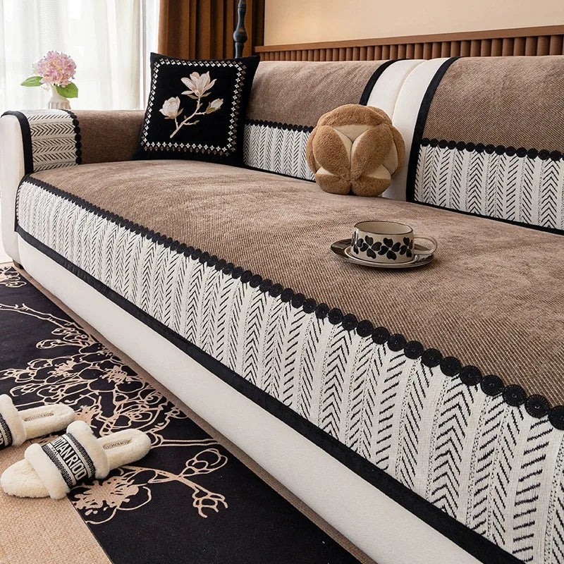 Contrast Hem Chenille Sofa Cover Non Slip Couch Protector for All Seasons