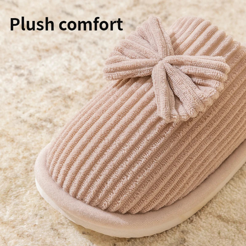 Cute Bow Slippers Women Cozy Plush Indoor Home Shoes Soft Warm Winter Slides