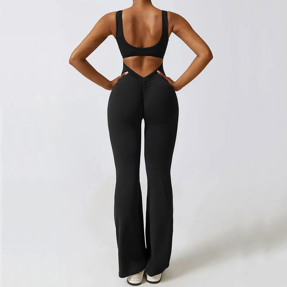 Women Backless Flare Jumpsuit Push Up Body Shaping Fitness Yoga Romper