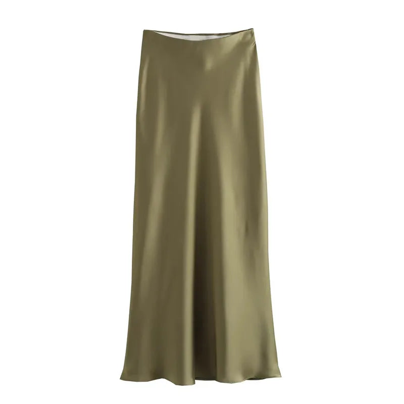 Women High Waist Satin Midi Skirt Elegant Office Summer Skirt