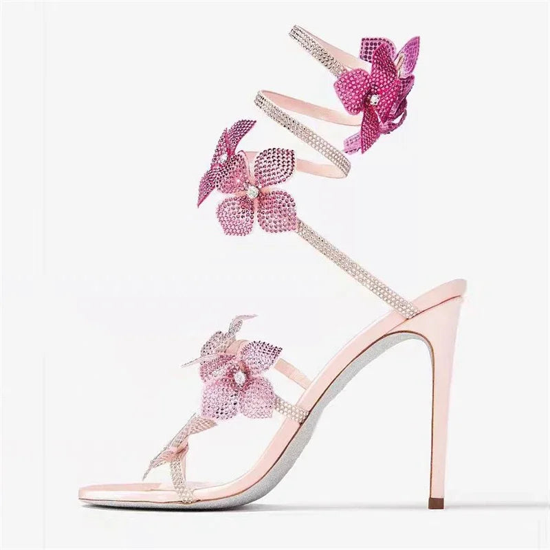 Women Crystal Flower High Heel Sandals Ankle Strap Thin Party Shoes