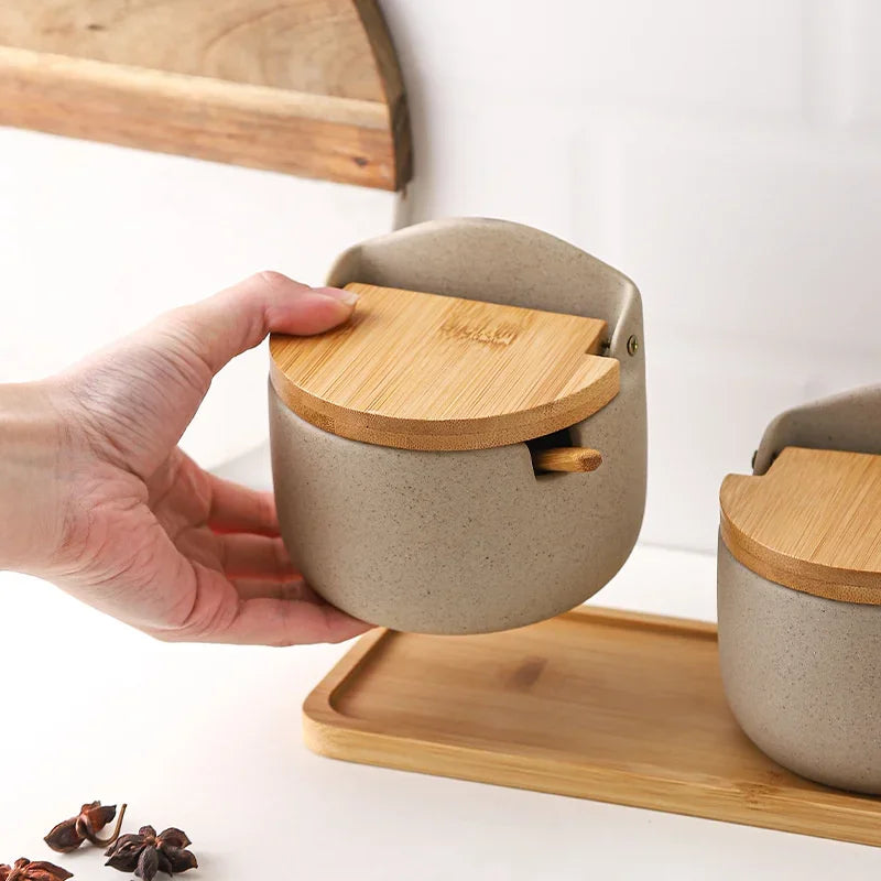 Ceramic Seasoning Jar with Bamboo Lid Spoon Salt Sugar Spice Storage Container