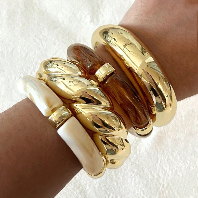 4pcs Resin Bangle Set Brown Vintage Elastic Bracelets for Women Gold Tone