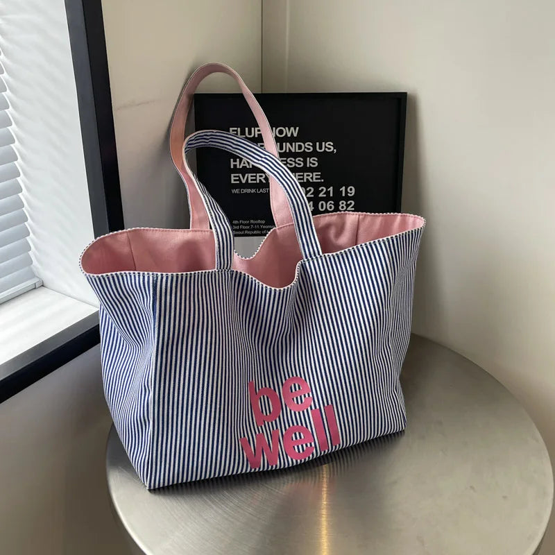 Women Striped Canvas Tote Bag Large Capacity Shoulder Bag