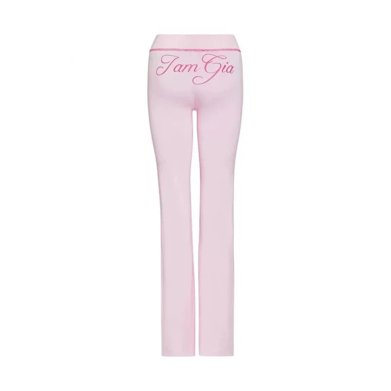 Women Zip Up Long Sleeve Spring Top with Low Waist Flared Pants Two Piece Outfit