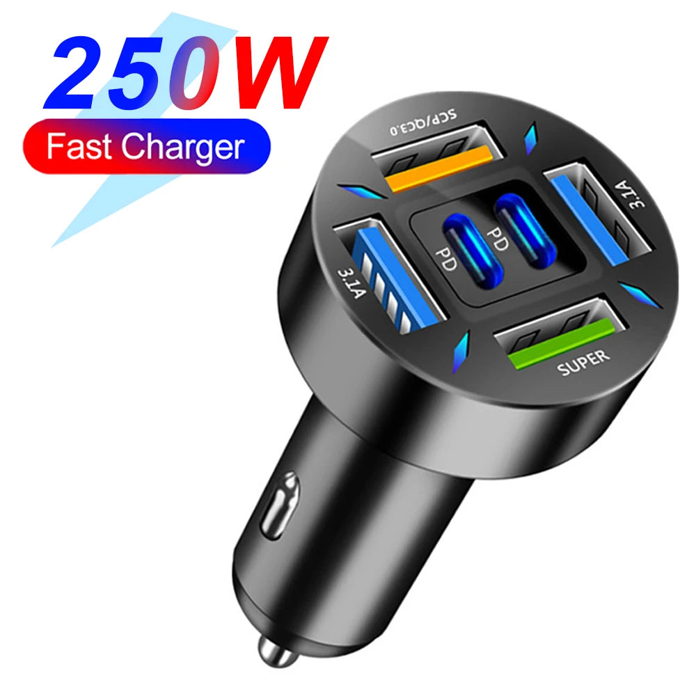 6-Port Fast Car Charger 250W – Multi USB PD & QC3.0 Cigarette Lighter Adapter with LED Display