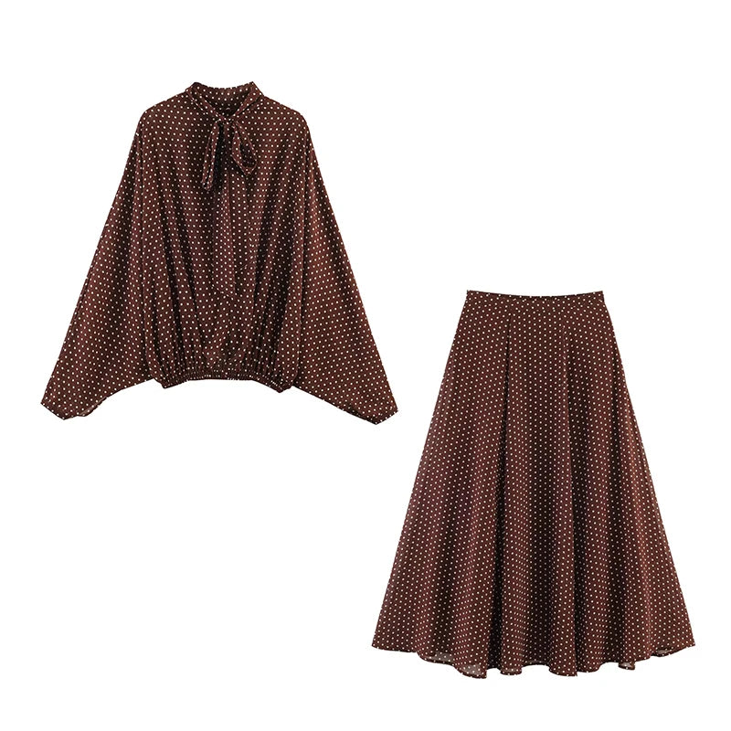 Polka Dot Midi Skirt Set for Women Bow Tie 2 Piece Outfit