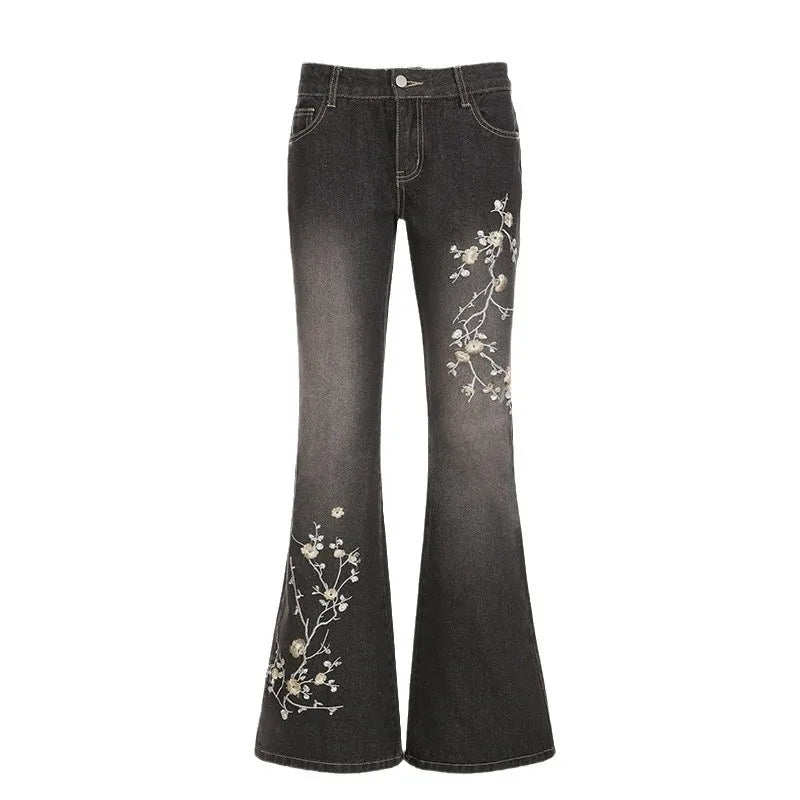 Y2K Floral Embroidery Flared Jeans Low Rise Baggy Denim Pants