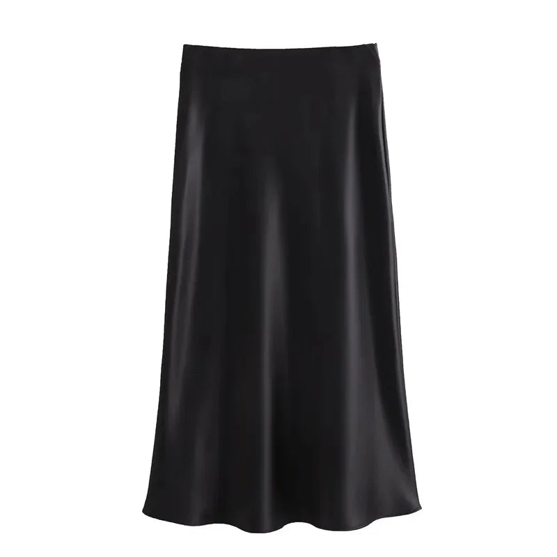 Women High Waist Satin Midi Skirt Elegant Office Summer Skirt