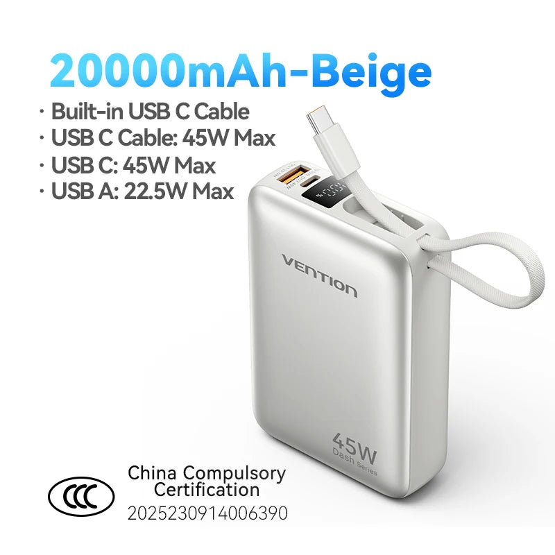Power Bank 20000mAh Fast Charging Portable Charger USB-C Cable External Battery for iPhone Xiaomi Samsung Galaxy