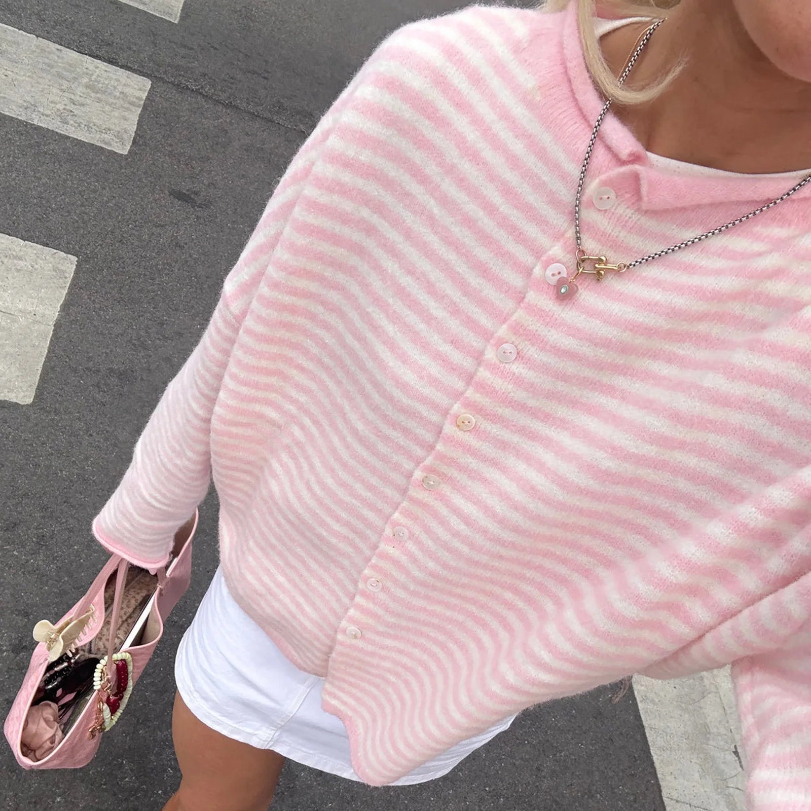 Women Striped Knit Cardigan Loose Fit Long Sleeve Y2K Autumn Casual Sweater