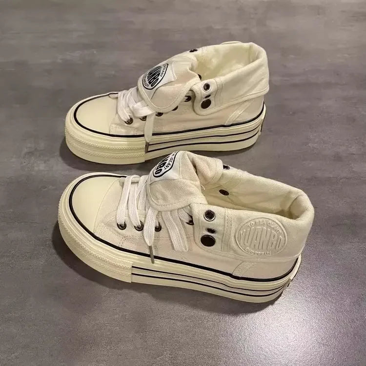Women High Top Canvas Sneakers Platform Lace Up Thick Sole Height Increase Casual Shoes