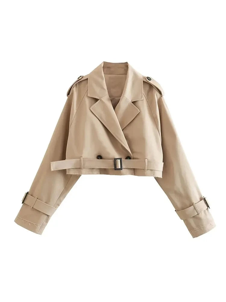 Women Cropped Trench Coat Vintage Double Breasted Belted Spring Jacket