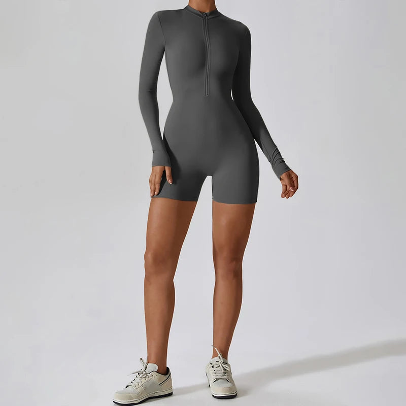 Women Zip Front Seamless Jumpsuit Short Sleeve Fitness Romper Bodycon Workout Outfit