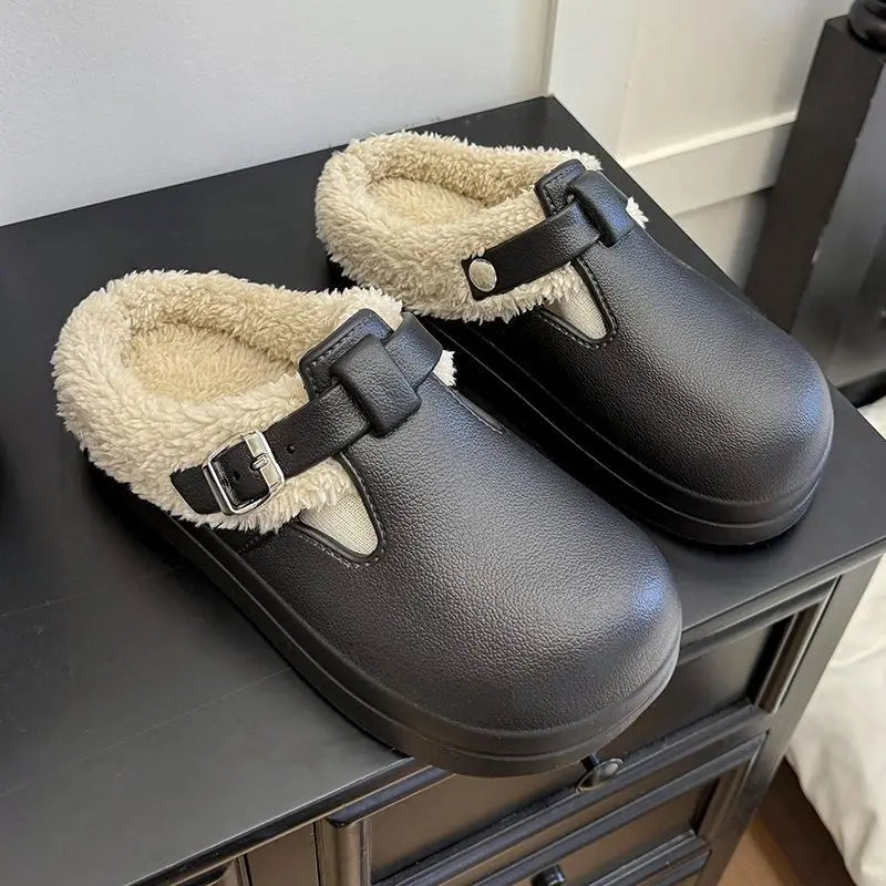 Furry Mule Slippers Women Buckle Winter Plush Warm Indoor Shoes Thick Sole Cozy Slides