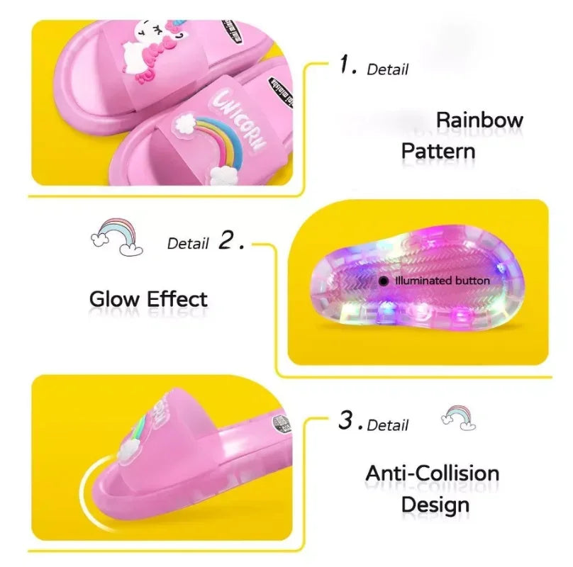 Kids LED Light Up Slippers Unicorn Cartoon Glowing Sandals Colorful Non Slip Children Slide Shoes
