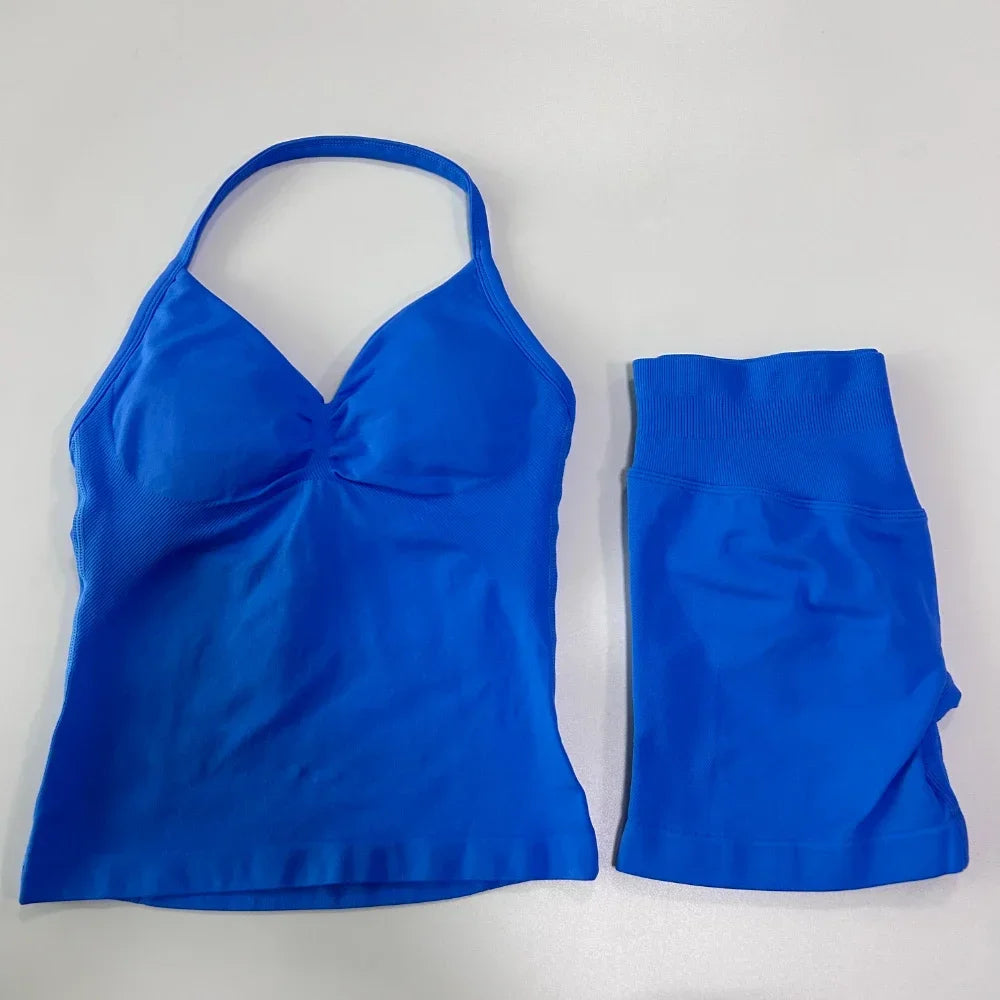 Yoga Set Women Seamless Tank Top High Waist Scrunch Shorts Gym Workout Set