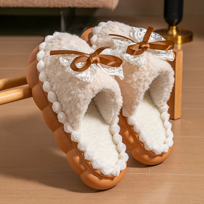 Women Plush Fur Slippers Soft Warm Non Slip Indoor Home Shoes