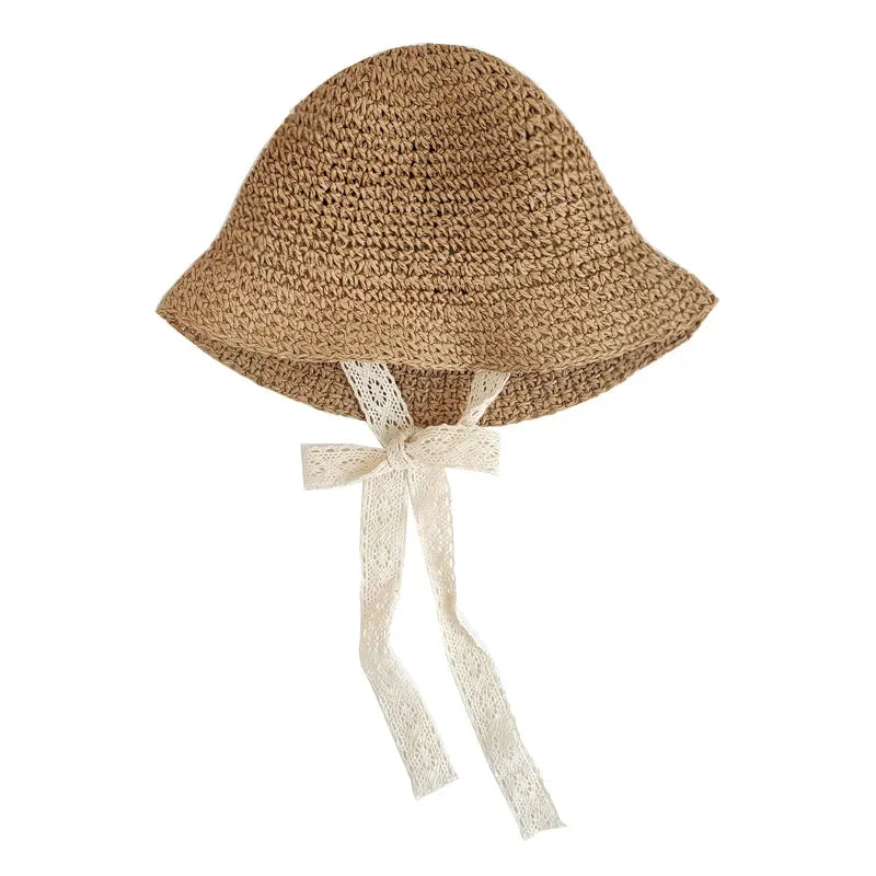 Kids Lace Straw Bow Summer Sun Hat Baby Girls Beach Panama Cap