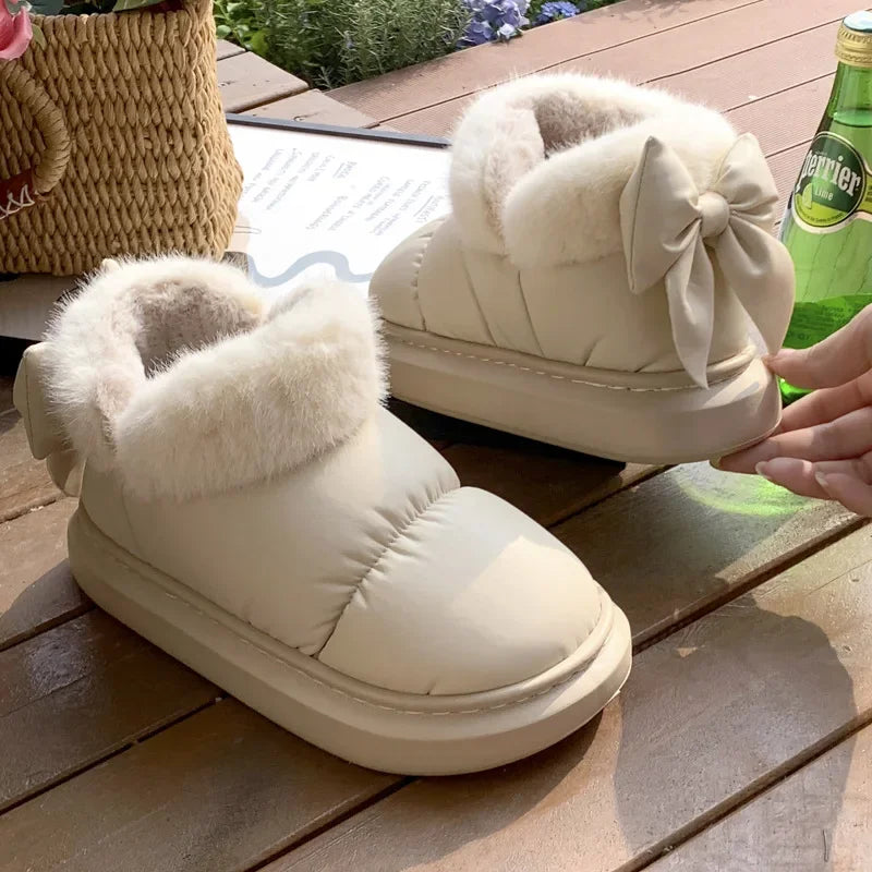 Women Winter Ankle Boots Plush Bow Warm Snow Boots Waterproof Short Cotton Shoes