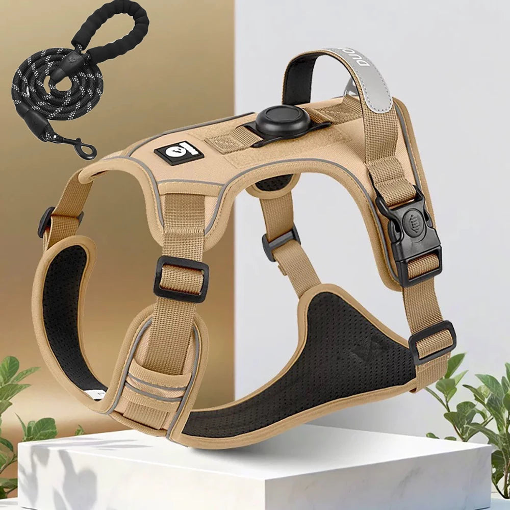 Dog Harness and Leash Set with AirTag Holder Reflective Breathable Oxford Harness
