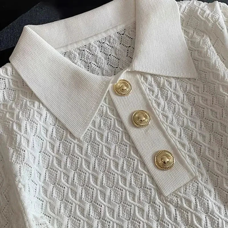 Women Ice Silk Polo Shirt Knitted Short Sleeve Jacquard Summer Chic Thin Top Style