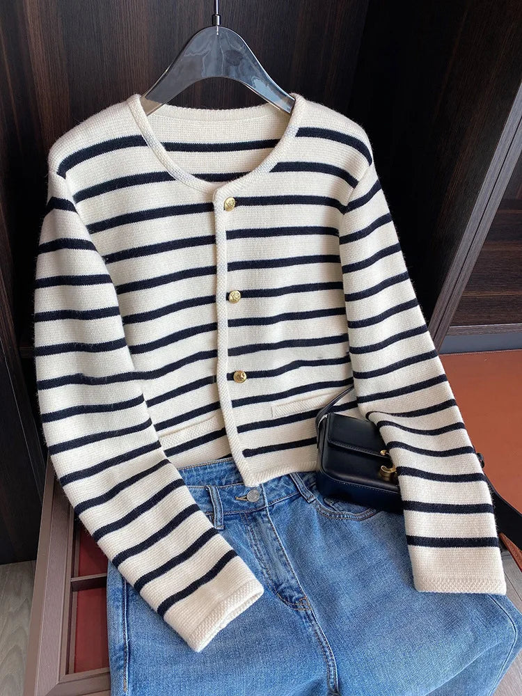 Women Striped Knit Cardigan Crop Top O Neck Long Sleeve Casual Sweater Jacket
