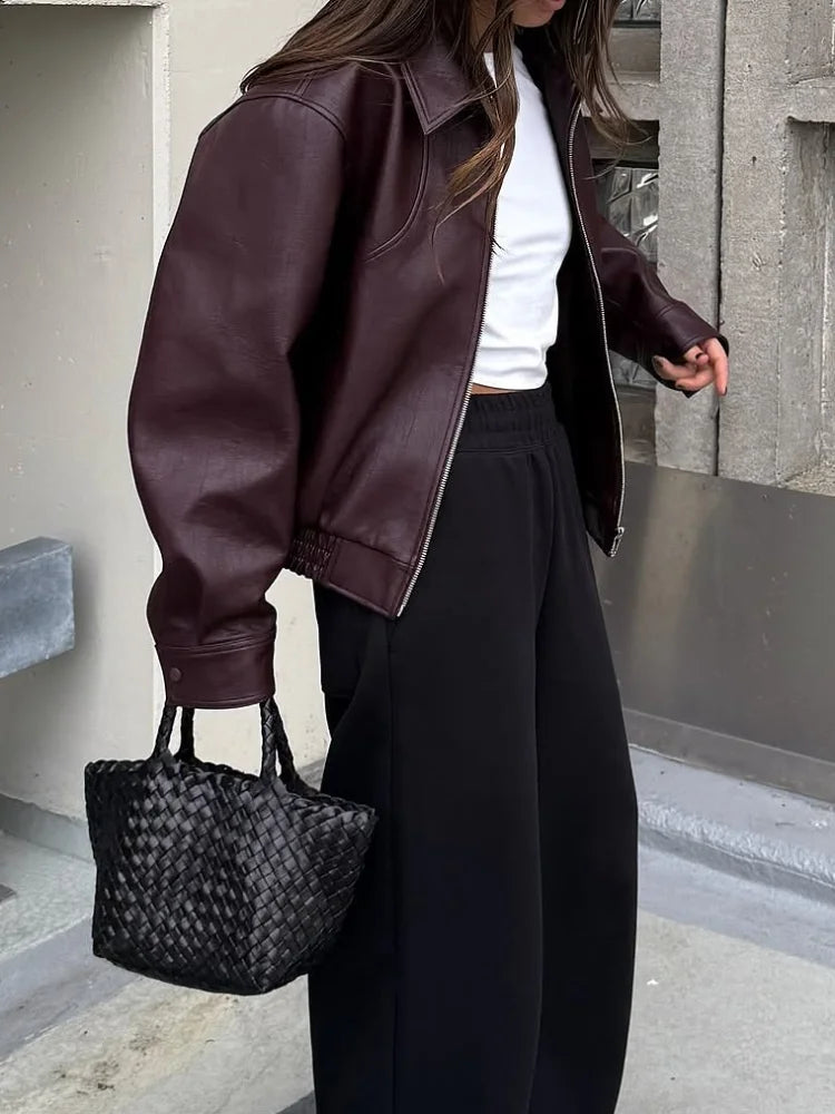 Women Wine Red Faux Leather Short Jacket Lapel Zipper Long Sleeve Retro Autumn Coat