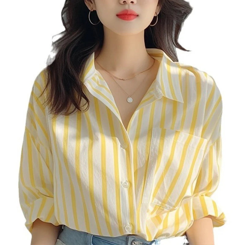 Women Striped Long Sleeve Shirt Yellow White Casual Spring Autumn Top