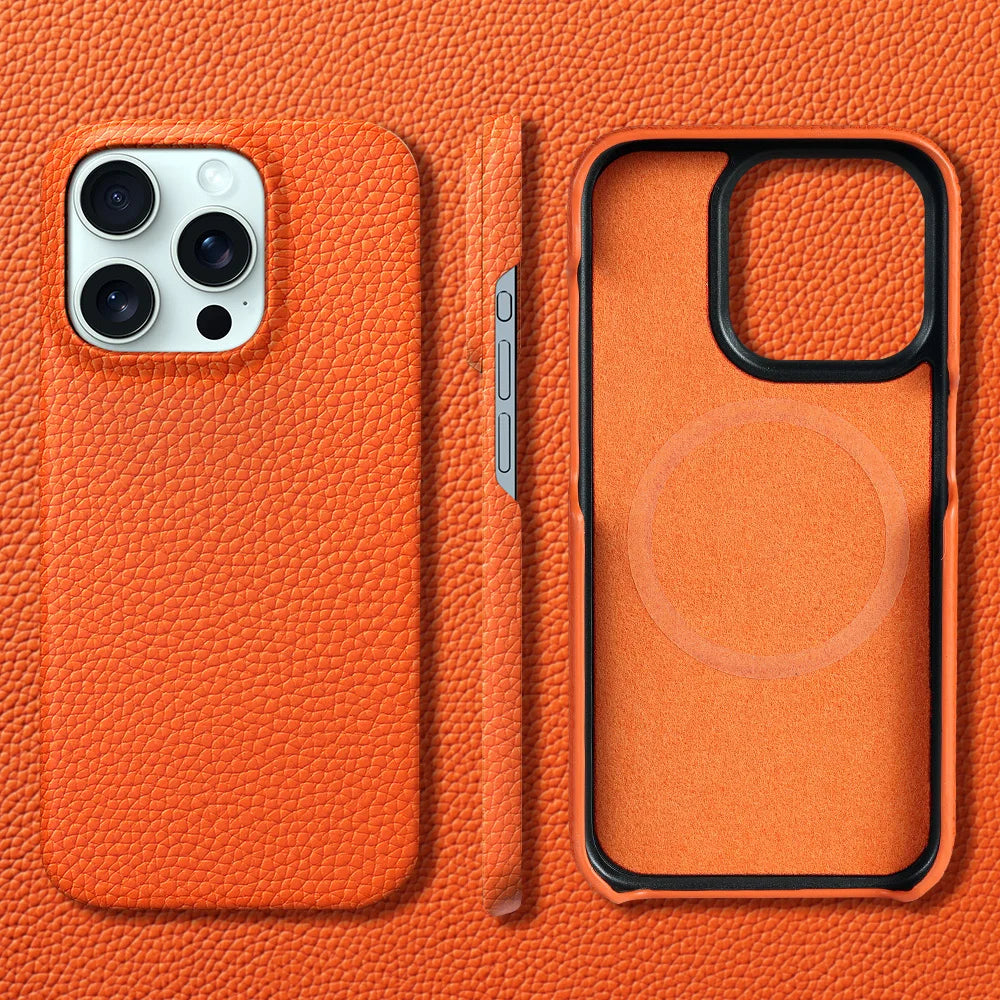 Cowhide Lychee Leather Magnetic iPhone Case
